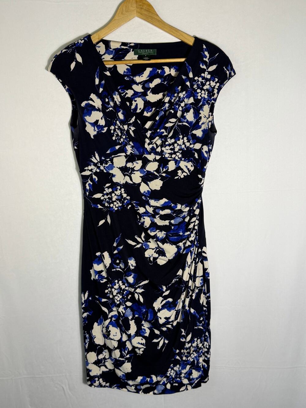 Lauren Ralph Lauren Blue Floral Faux Wrap Sheath Dress Ruched Size 8